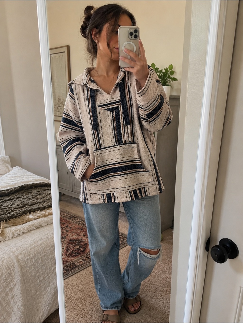 Striped Baja Hoodie Pullover in Light Pink and Navy